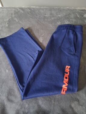 Under Armour Boys Navy Blue Athletic Sweatpants with Orange Logo pockets youth L